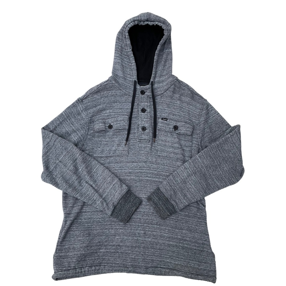 RVCA Men’s Henley Hoodie Long Sleeve Heather Grey Pullover Chest Pockets